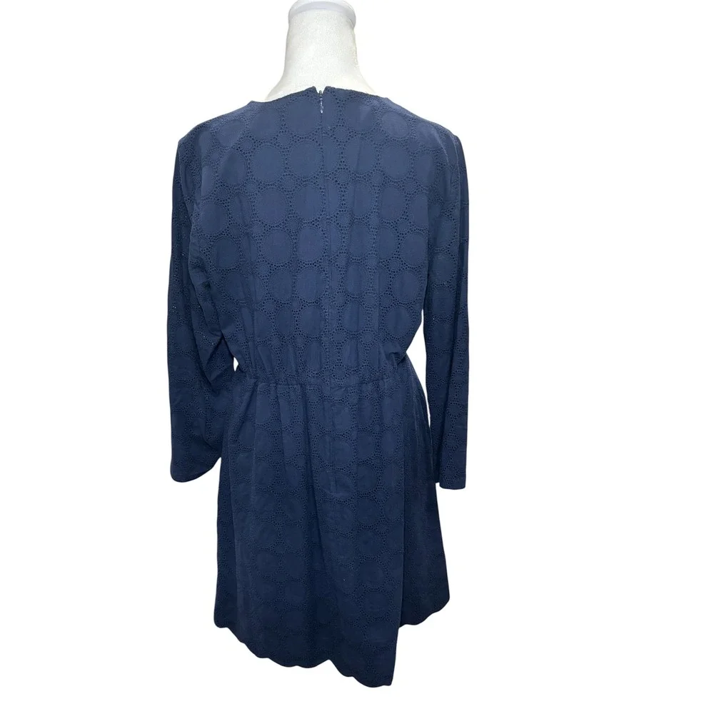 J.Crew Navy Blue Eyelet‎ Cotton Mini Dress 12 V-Neck Long Sleeve Lined Scallop